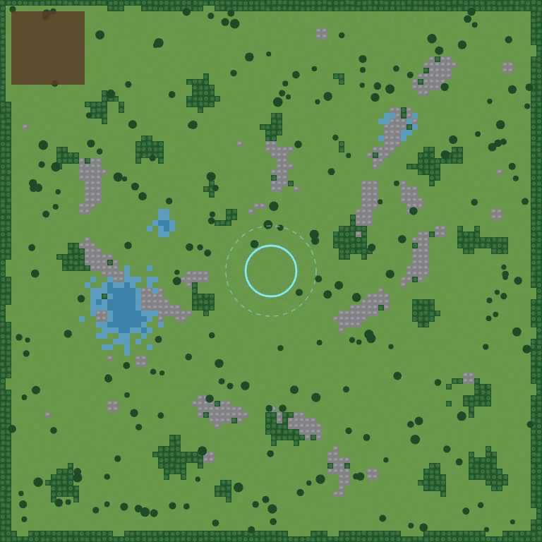 The map for seed 7, from above: one lake, two ponds, rock ridges and woods, the wolves' den top left and the Spirit Pen in the middle