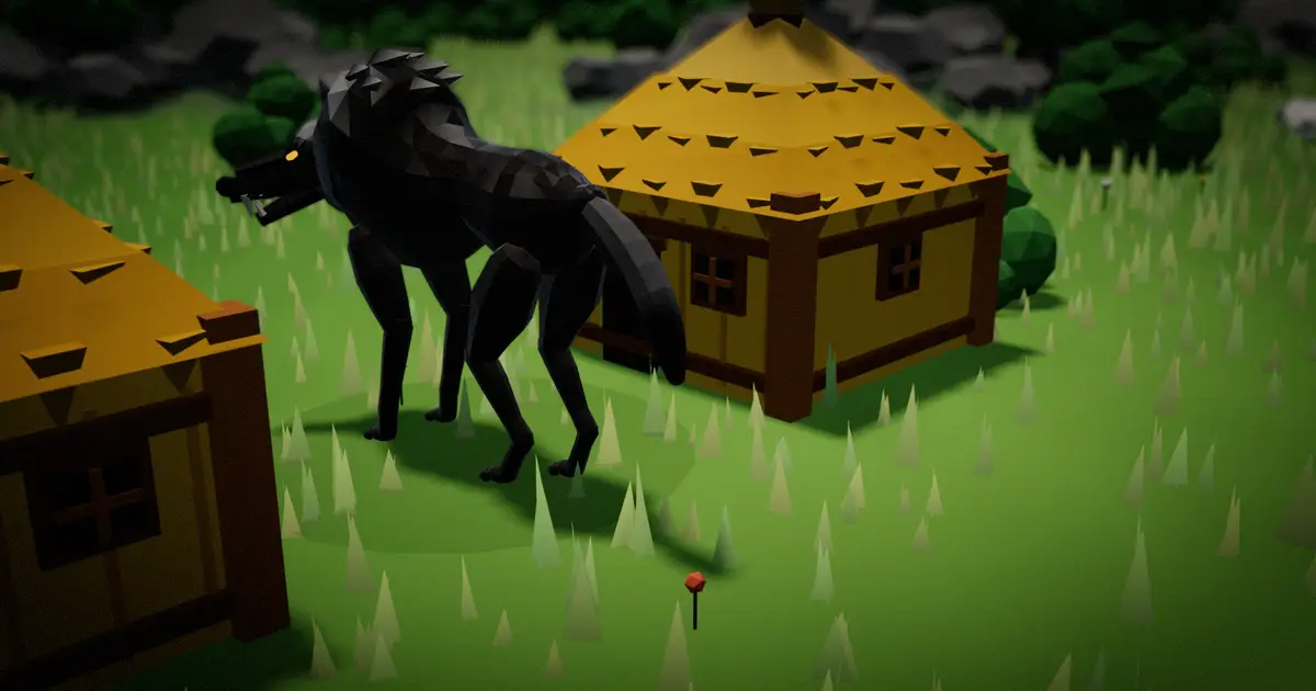 A wolf snarls beside a straw house