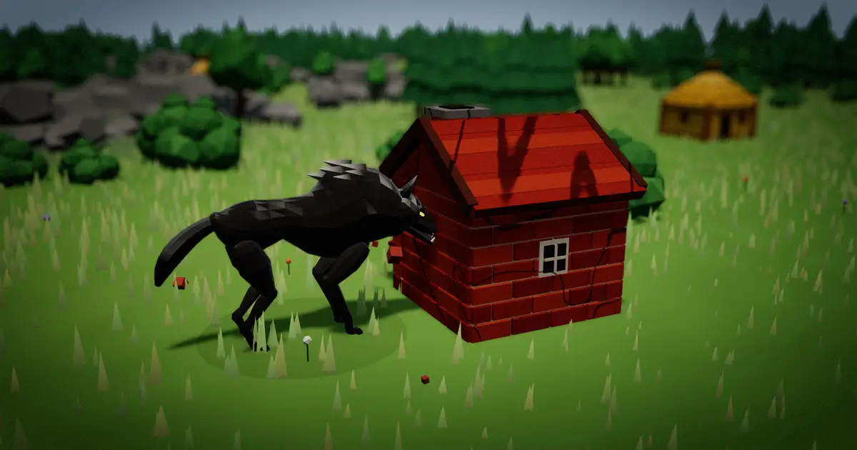 A wolf bites at a brick house