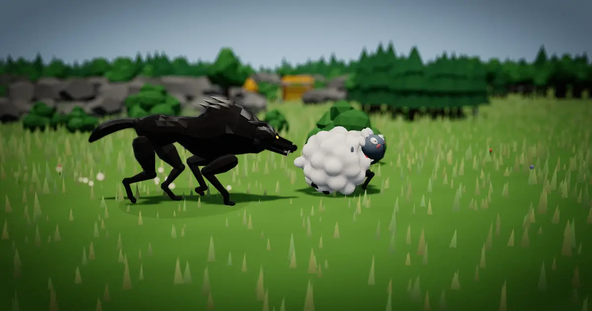 A wolf runs down a sheep in the open meadow