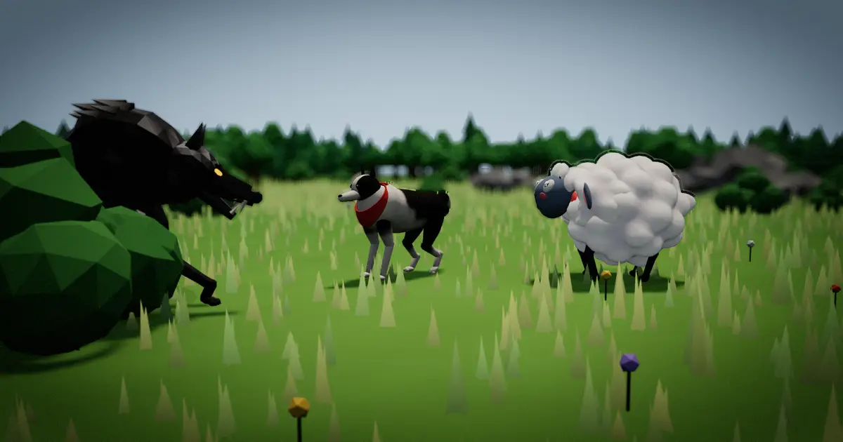 A sheepdog faces a wolf beside a bush while a sheep waits