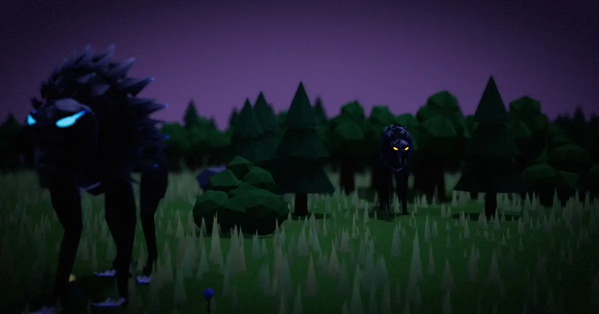 Wolves with yellow eyes wait in the dark at the edge of a forest