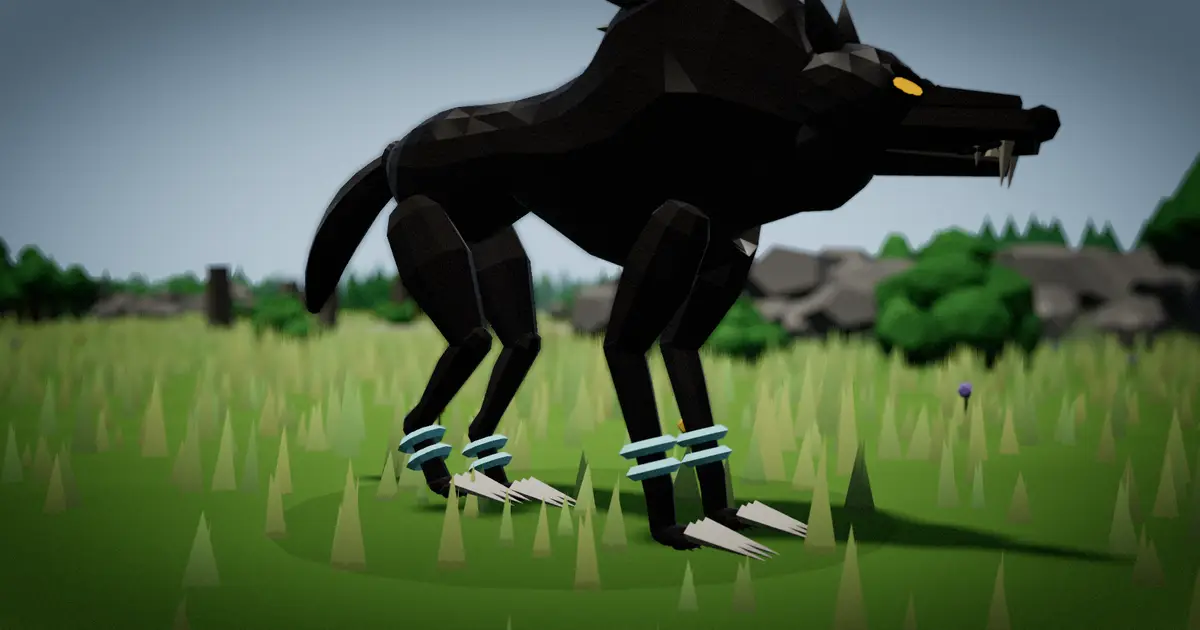 A black wolf wearing iron claws on all four paws