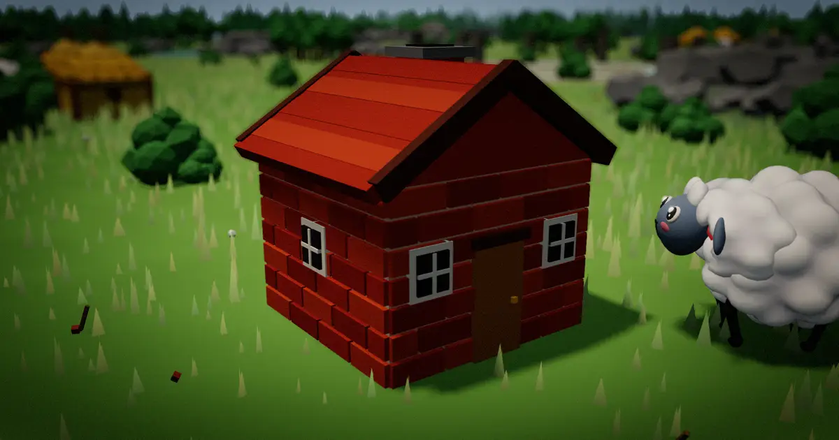 A sheep beside the brick house it has just built in a meadow