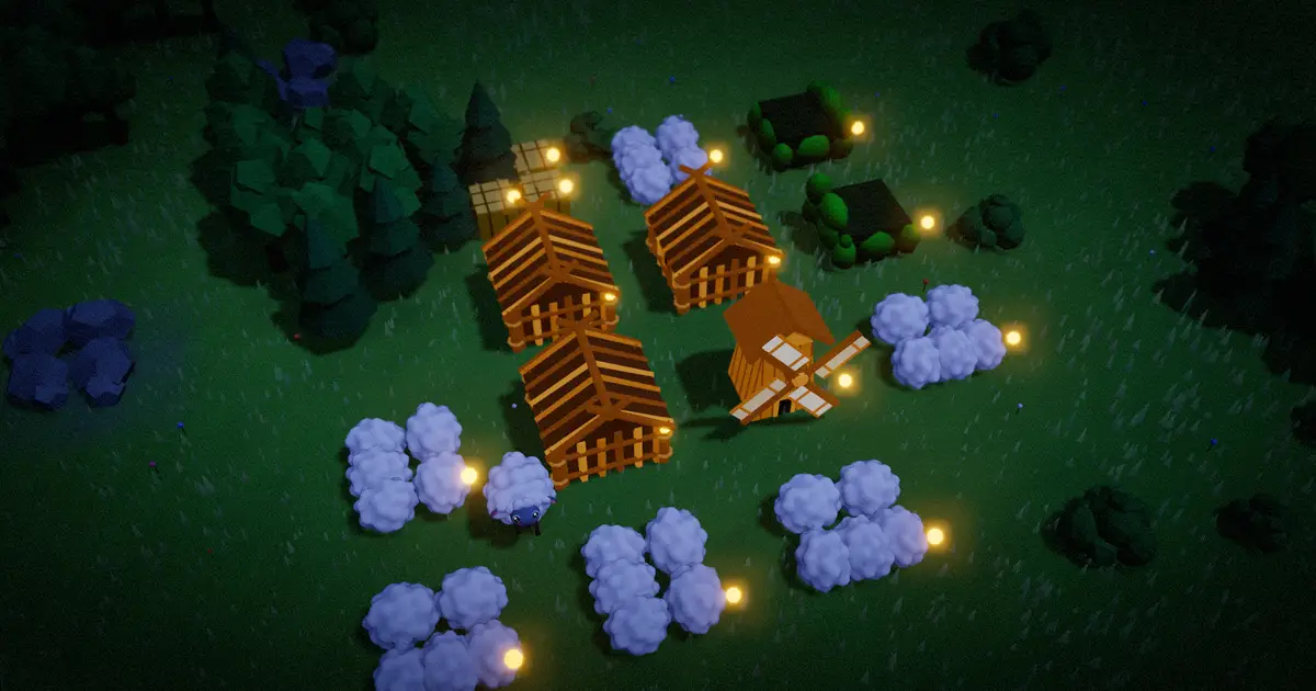 A maze of Straw Houses at night seen from above, lanterns lit along its one-tile lanes