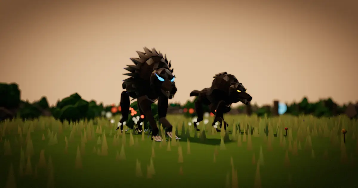 Two wolves running through tall grass at dusk