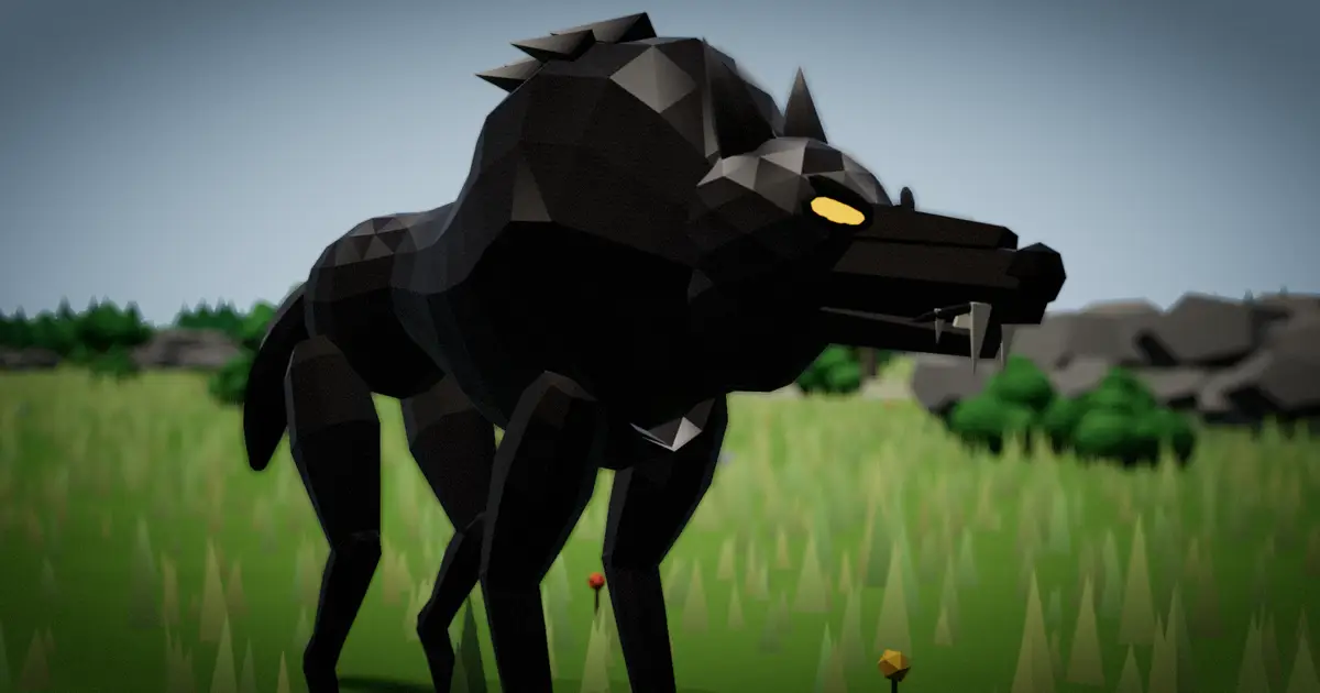 A black low-poly wolf with yellow eyes, close up in a meadow