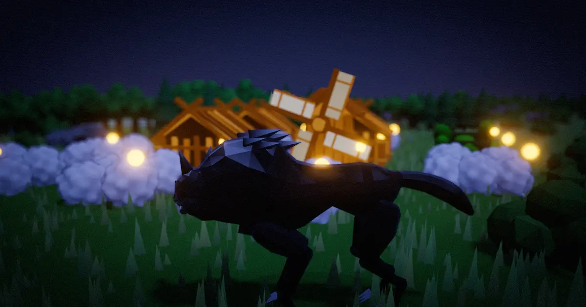 A wolf prowls past a windmill and lantern-lit farms at night