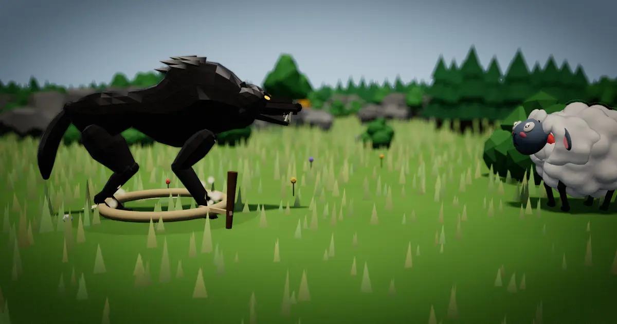 A wolf steps toward a rope snare while a sheep watches