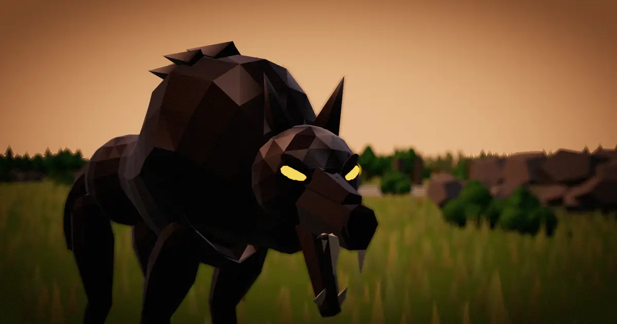A low-poly wolf with yellow eyes snarls at dusk