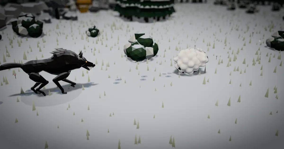 A wolf chases a sheep across a snowy meadow