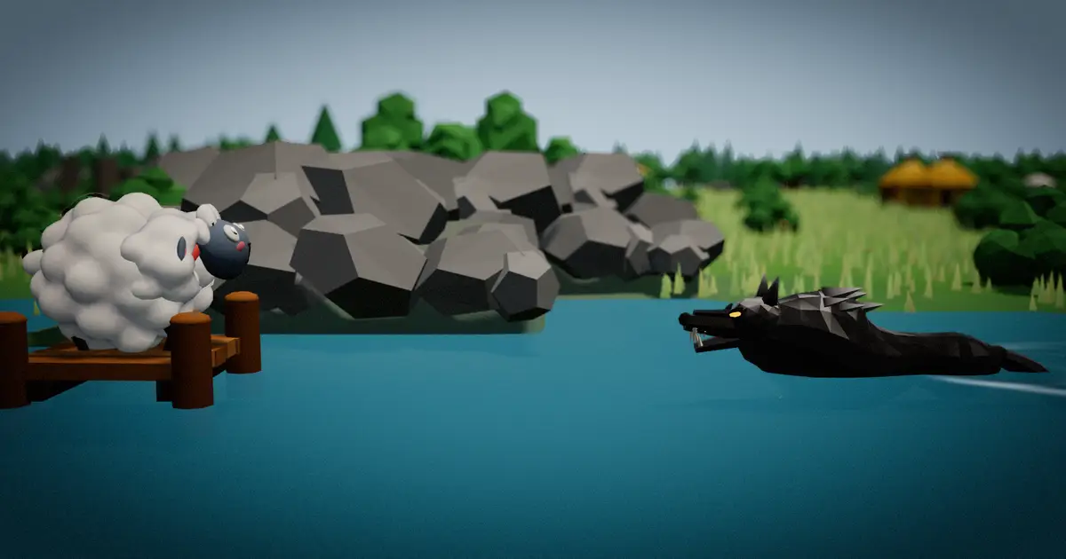 A sheep crosses a plank bridge while a wolf swims after it