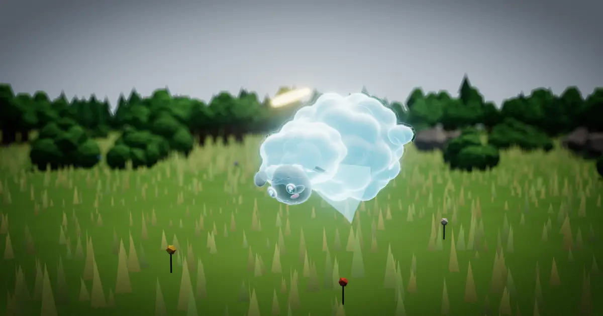 A tagged sheep's glowing spirit floats over the grass
