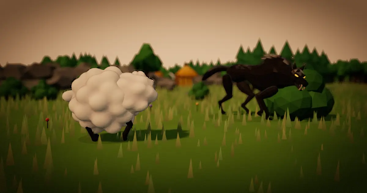 A sheep watches a wolf prowl past a bush at golden hour